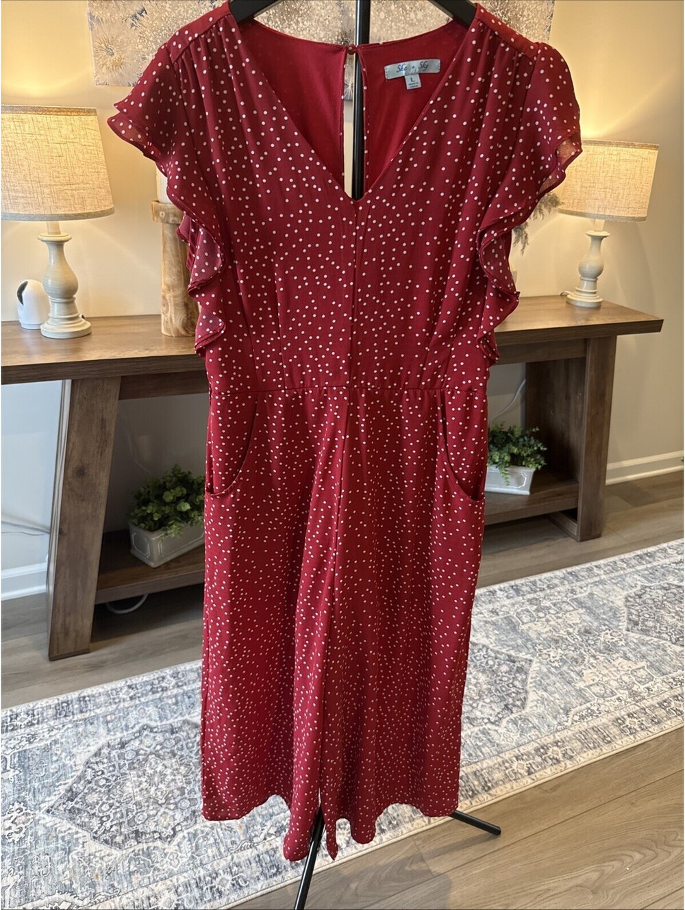 She+ SKY Polka-Dots Sleeveless V-Neck Cutout Back Color Red/White Romper Size L